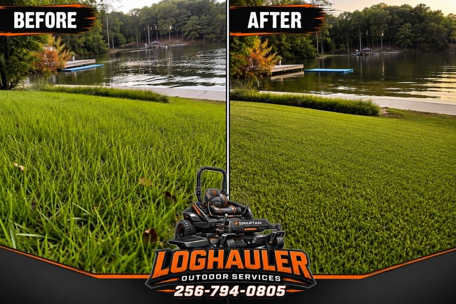 Before and after lake yard mowing
